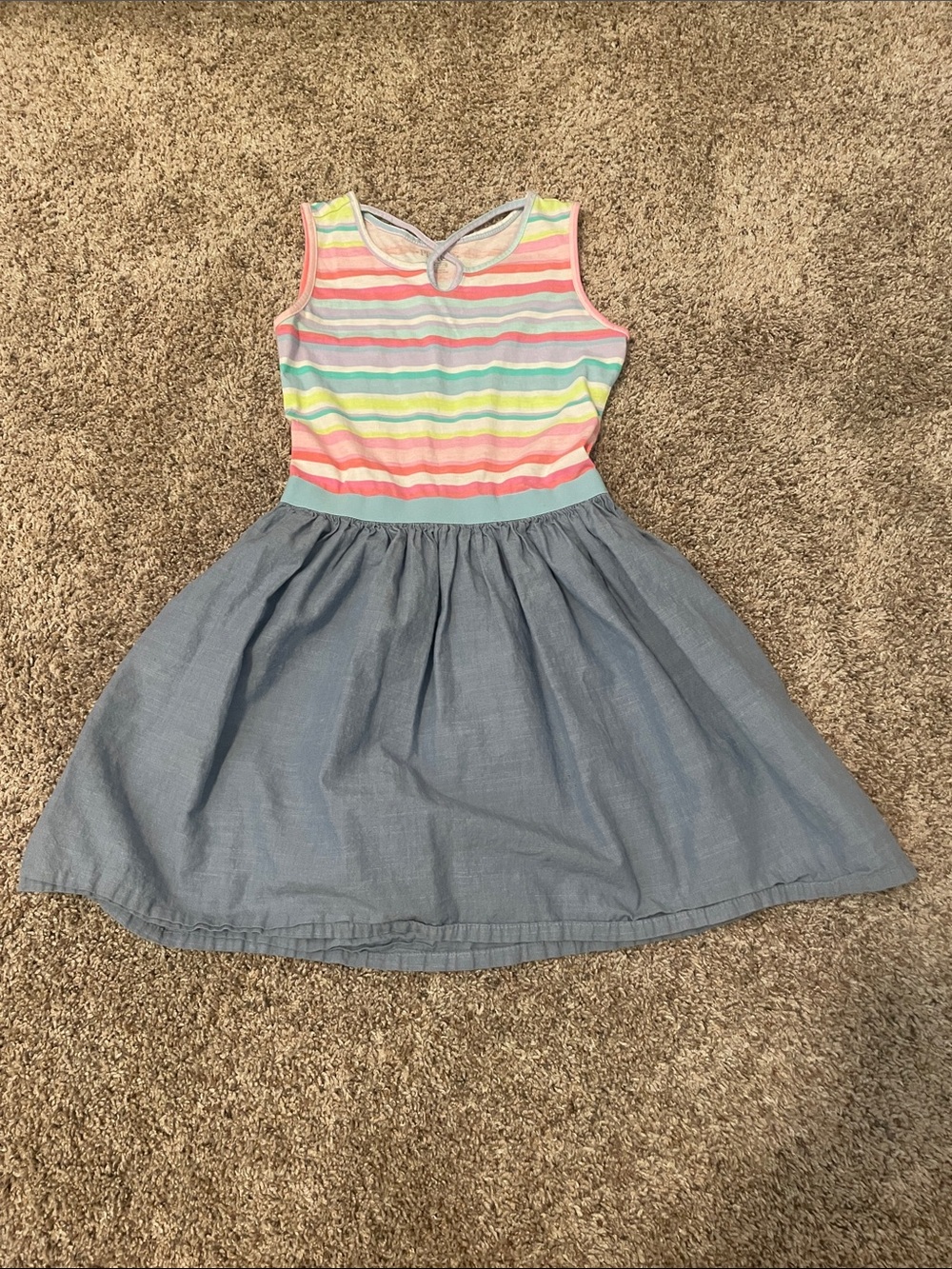 ChilderensPlace Girls Sleeveless Rainbow Striped Bodice with Blue Chambray Skirt